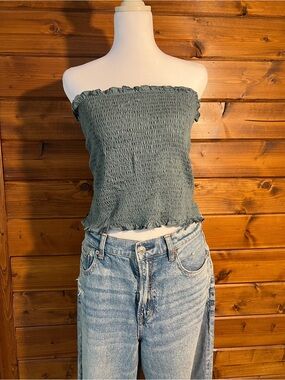 Smocked Strapless Crop Top in Sage Green